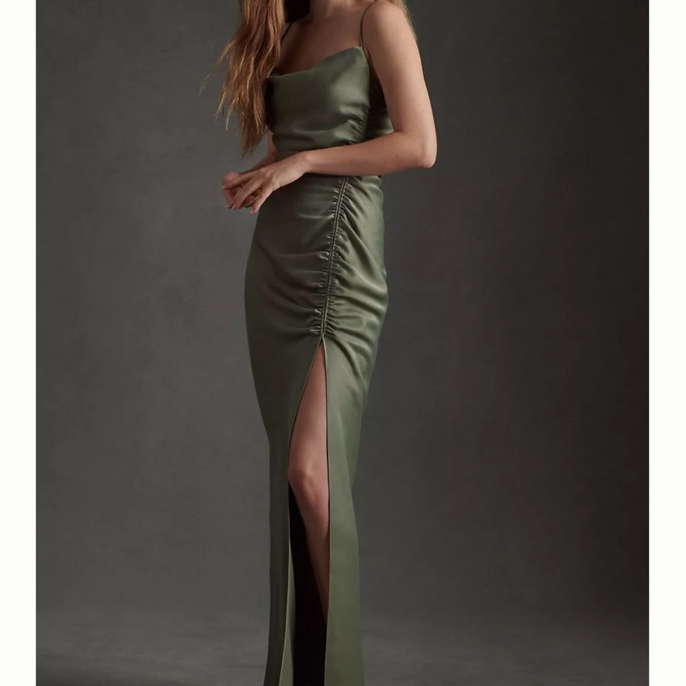 BHLDN Jennings Cowl-Neck Ruched Side-Slit Satin Gown Moss Green